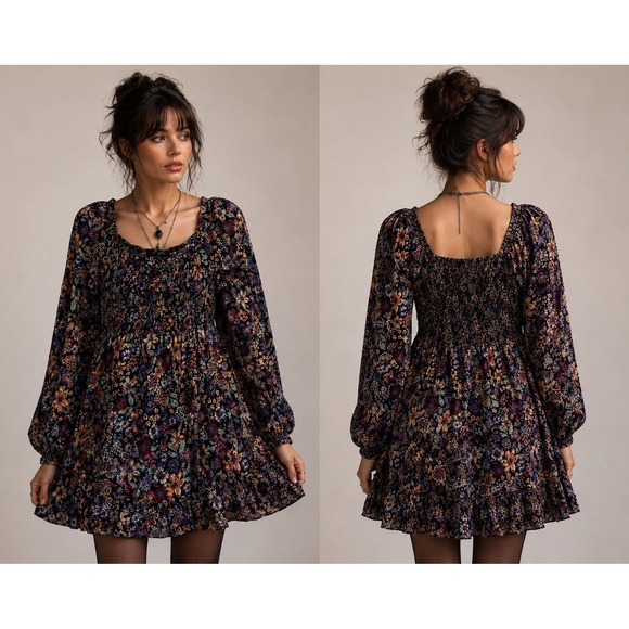 Oak & Trellis Dresses & Skirts - Oak & Trellis Floral Smocked Mini Dress XL Long Sleeve Ruffle Hem Boho Western